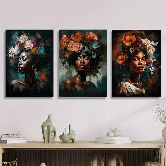 3pcs Painting of Woman with Flower Crown Metal Print Ready to Hang Art