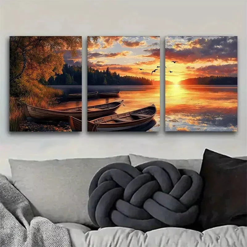 3pcss beautiful Serene Lakeside Sunset Nature Wall Art Set Canvas Framed 40x60cm - High Quality Print 100% Australian Made Wall Canvas Ready to Hang