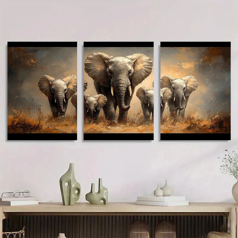 3pcs Elephant Family Wildlife Animal Themed Metal Print Ready to Hang Art