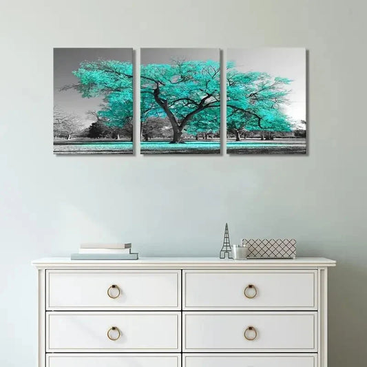 3pcs Teal and Grey Tree of Life Metal Print Ready to Hang Art