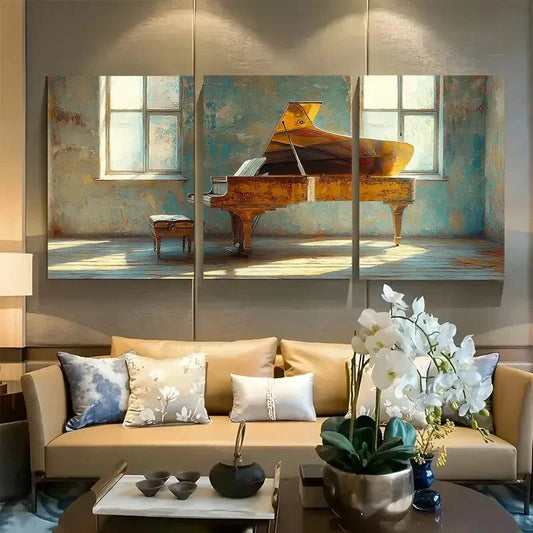 3pcs Grand Piano in Sunlit Room Metal Print Ready to Hang Art