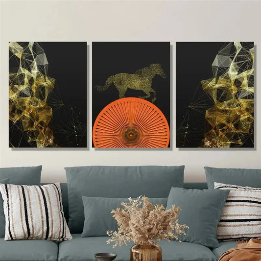 3pcs Light luxury Nordic gold line horse Metal Print Ready to Hang Art
