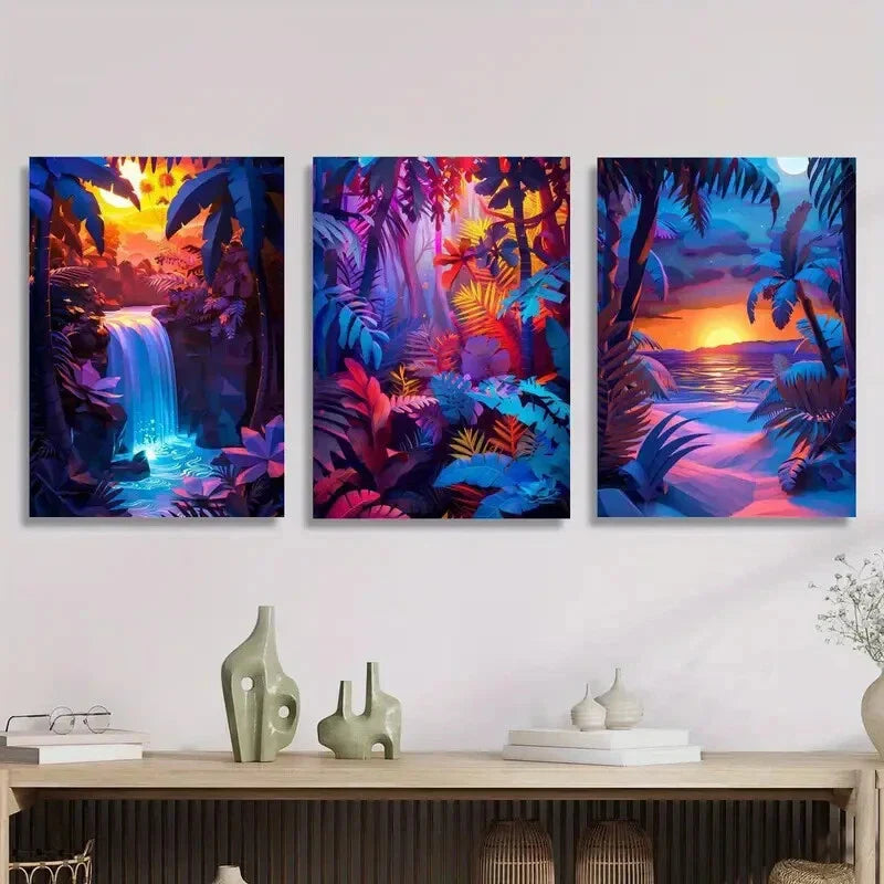 3pcs Tropical Waterfall, Jungle Sunset Metal Print Ready to Hang Art