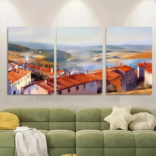 3pcs Golden Hour Village Warm Sunset Scene Metal Print Ready to Hang Art