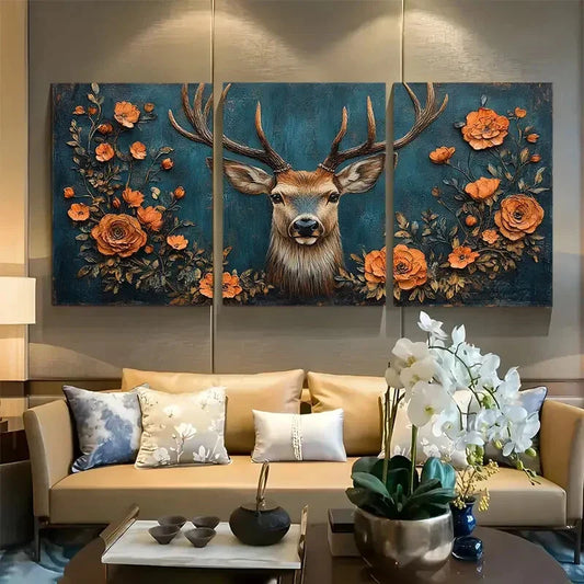 3pcs Deer Stag with Floral Background Metal Print Ready to Hang Art