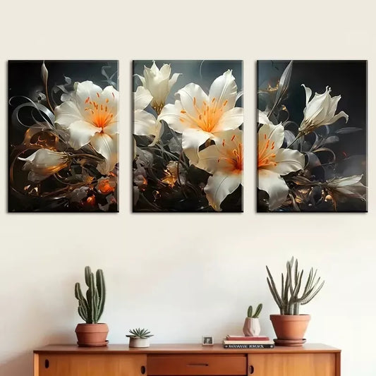 3pcs Featuring Floral Elegant White Painting Wall Art Set Canvas Framed 40x60cm - High Quality Print 100% Australian Made Wall Canvas Ready to Hang