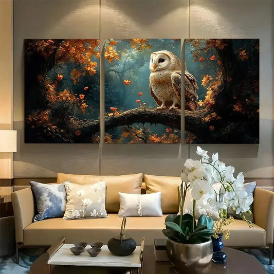 3pcs Majestic Barn Owl Forest Wildlife Scene Metal Print Ready to Hang Art