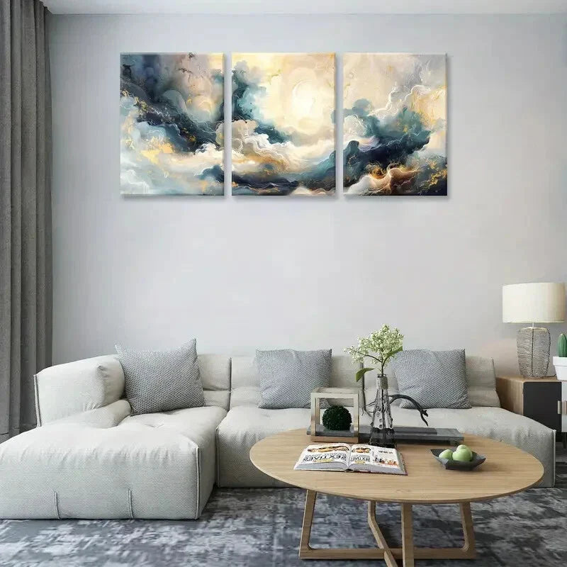 3pcs Abstract Blue & Golden Marble Metal Print Ready to Hang Art