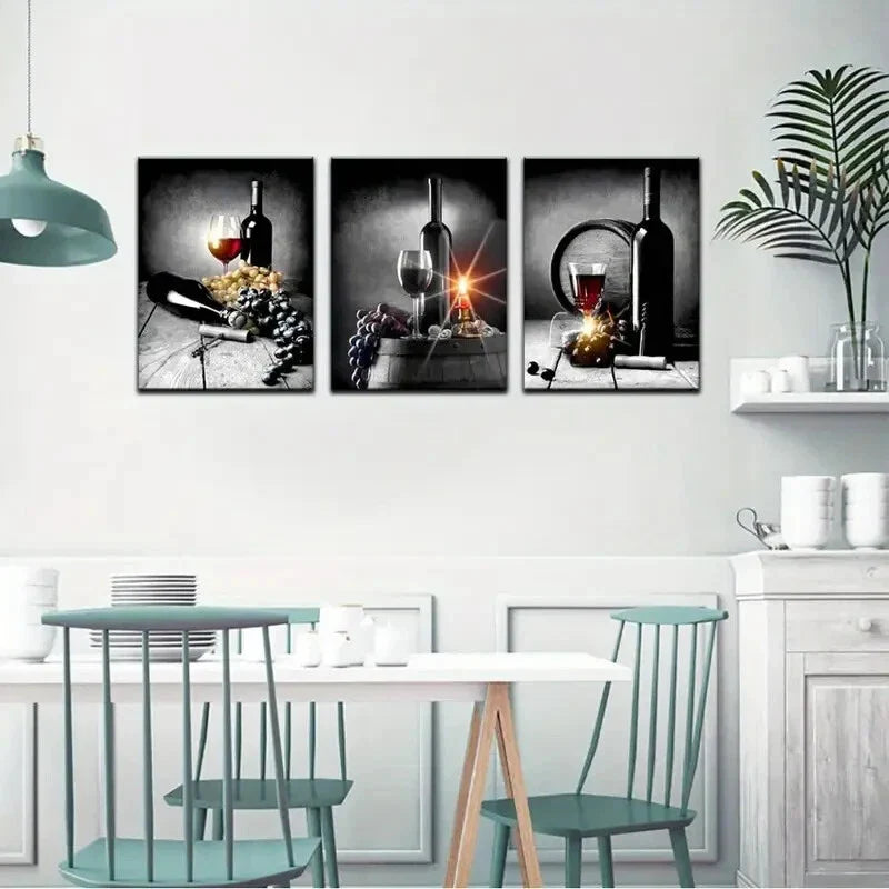 3pcs Wine with Grape Kitchen Painting Pictures Metal Print Ready to Hang Art
