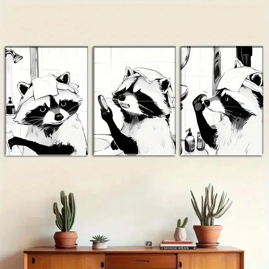 3pcs Black And White Cartoon Racon Animal Metal Print Ready to Hang Art