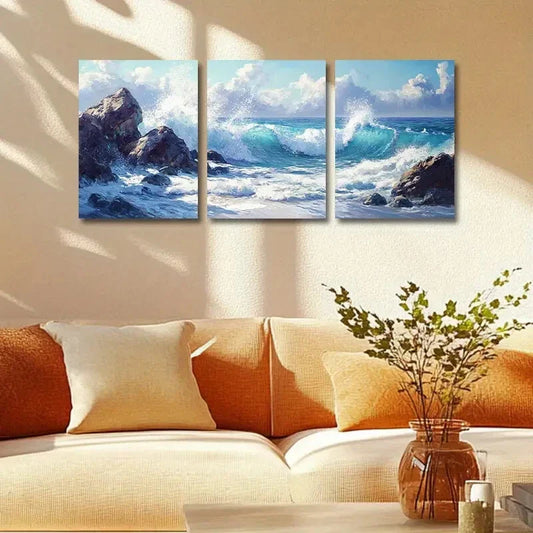 3pcs Vibrant Blue Sea Waves Crashing Against Rock Metal Print Ready to Hang Art