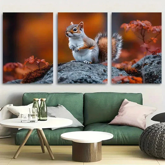 3pcs Autumn Squirrel on Mossy Rock Metal Print Ready to Hang Art