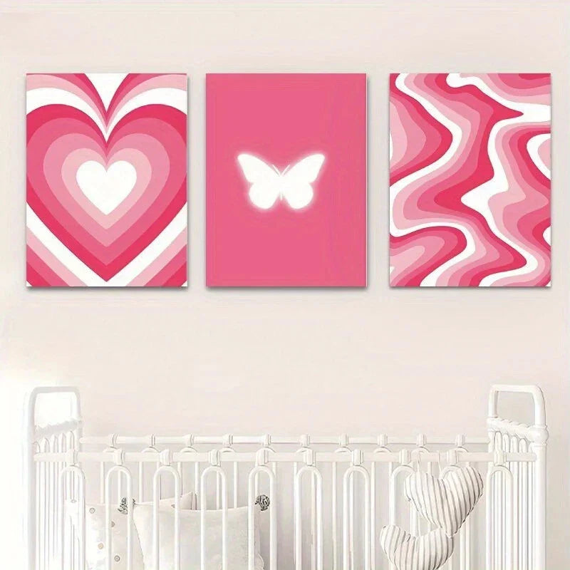 3pcs Pink Butterfly Heart Designs Metal Print Ready to Hang Art