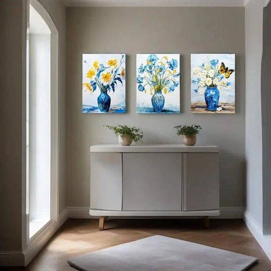 3pcs White and Blue Daisy in Pretty Vase Picture Metal Print Ready to Hang Art