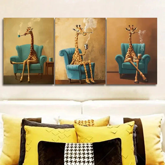 3pcs The giraffe is on the chair Wall Art Set Canvas Framed 40x60cm - High Quality Print 100% Australian Made Wall Canvas Ready to Hang