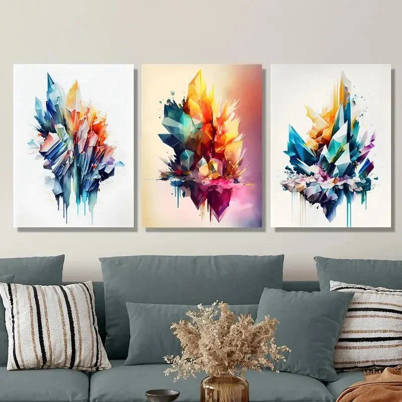 3pcs Colorful crystal art, geometric gradient Metal Print Ready to Hang Art