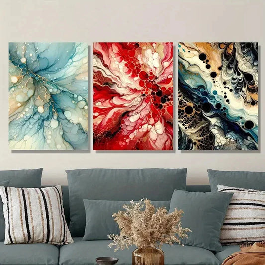 3pcs Blue Red and Black Color with Lots of Bubble Metal Print Ready to Hang Art
