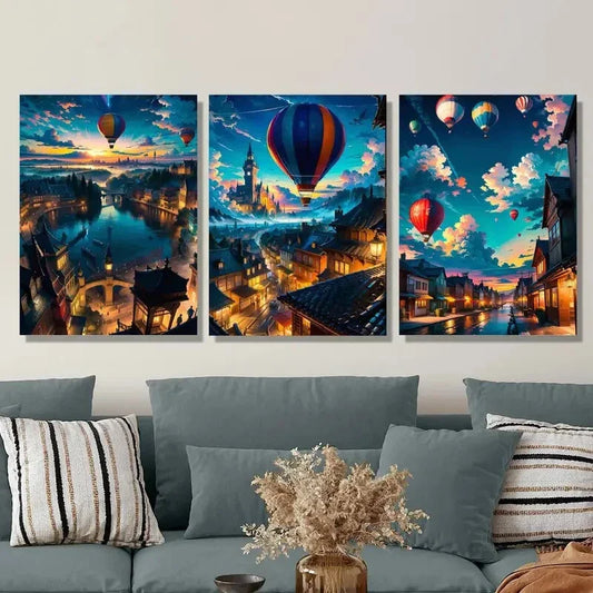 3pcs Hot Air Balloon in Town City Street Scene Metal Print Ready to Hang Art
