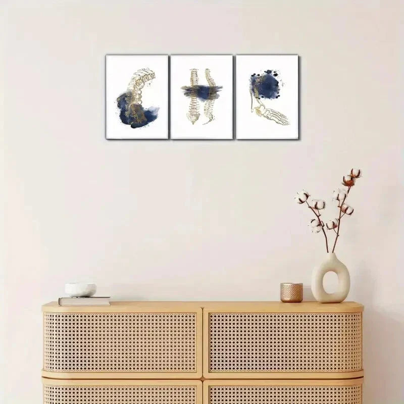 3pcs Golden Skeleton Designs with Navy Blue AccentsMetal Print Ready to Hang Art