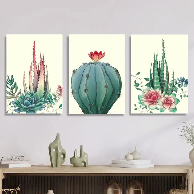 3pcs Floral Design with Aloe Vera, Prickly Pear Metal Print Ready to Hang Art