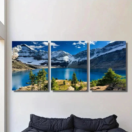 3pcs Painting of Tranquil Lakes & Majestic Mounts Metal Print Ready to Hang Art