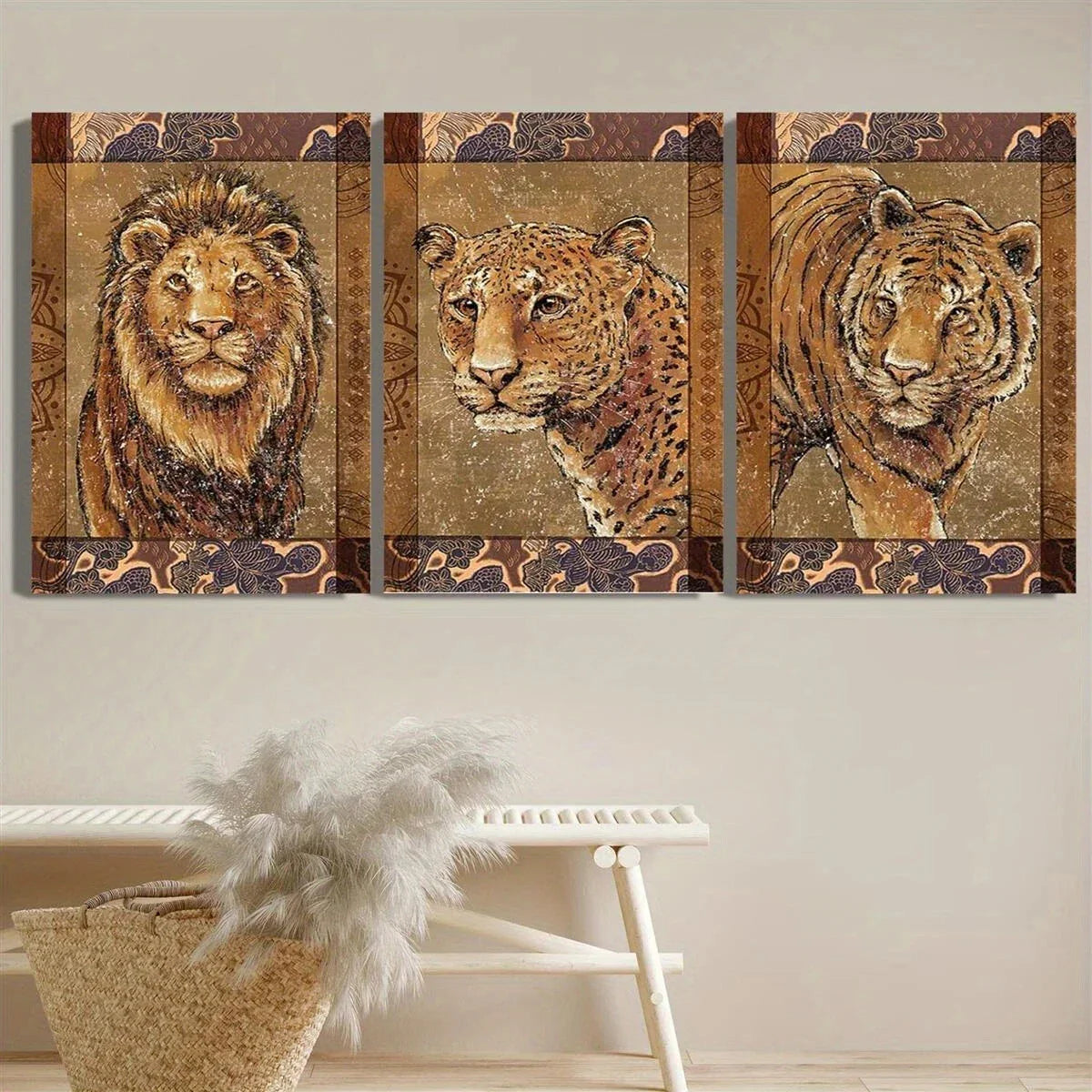 3pcs Leopard Lion Wildlife Paintings Animals Metal Print Ready to Hang Art