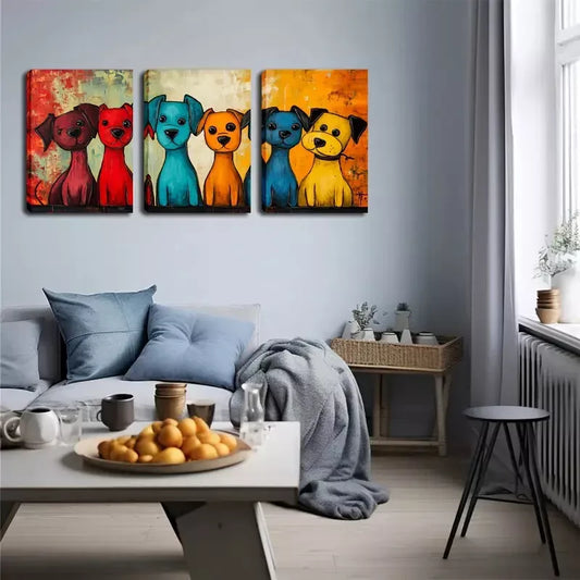 3pcs Vibrant Cartoon Dog Trio Wall Art Set Canvas Framed 40x60cm - High Quality Print 100% Australian Made Wall Canvas Ready to Hang
