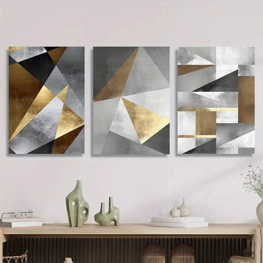 3pcs Golden geometric art, gold and metal art Metal Print Ready to Hang Art