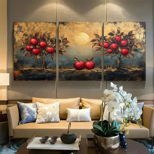 3pcs Crimson Apple Orchard Metal Print Ready to Hang Art