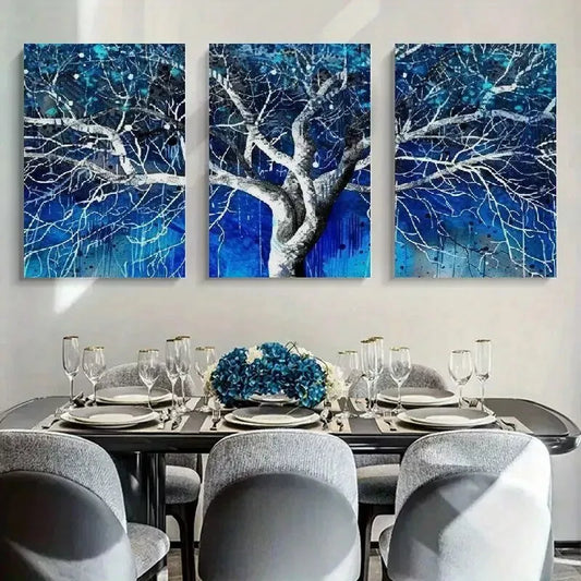 3pcs Blue Tree White Branches Canvas Framed 40x60cm - High Quality Print 100% Australian Made Wall Canvas Ready to Hang