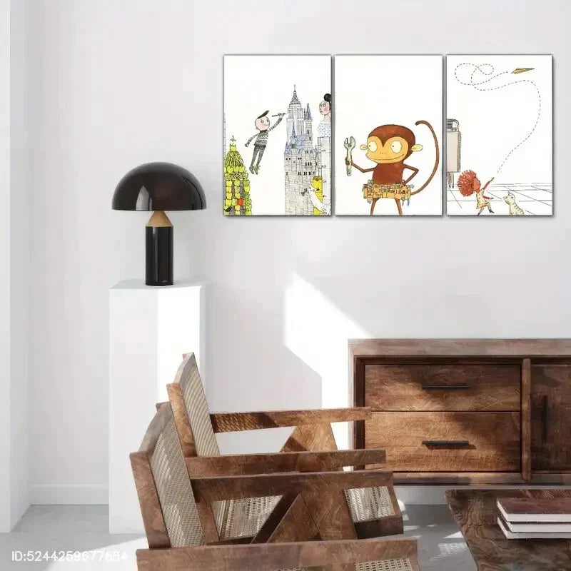 3pcs Castle Monkey Abstract Art Style Watercolor Metal Print Ready to Hang Art