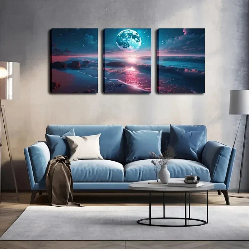 3pcs Bright Big Moon, Beach Wall Art Set Canvas Framed 40x60cm - High Quality Print 100% Australian Made Wall Canvas Ready to Hang