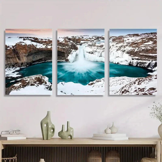 3pcs , Iceland Waterfall Winter Snow Scene Metal Print Ready to Hang Art