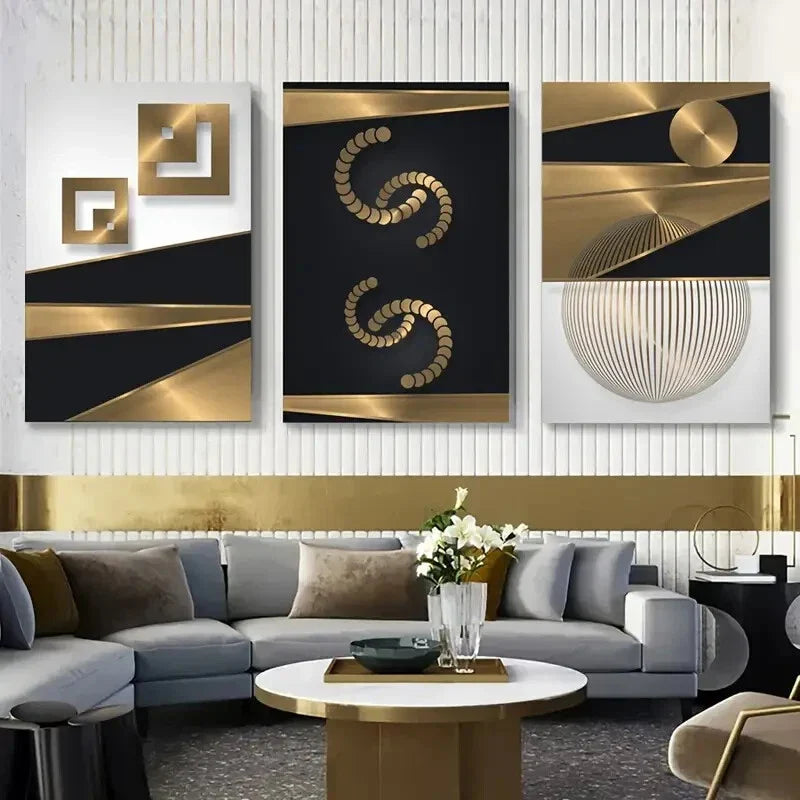 3pcs Elegant Black & Golden Geometric Metal Print Ready to Hang Art