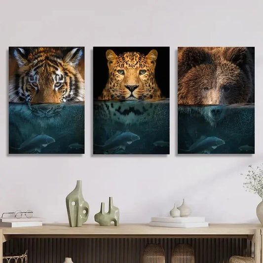 3pcs Underwater tiger, Amur leopard, grizzly bear Metal Print Ready to Hang Art