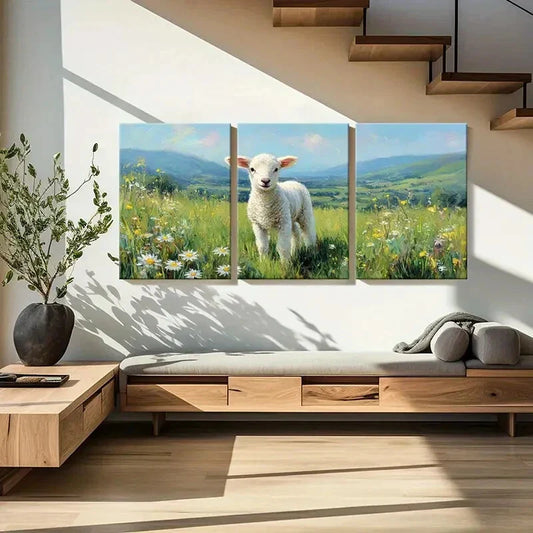 3pcs Pastoral Landscape with Lamb in Spring Meadow Metal Print Ready to Hang Art
