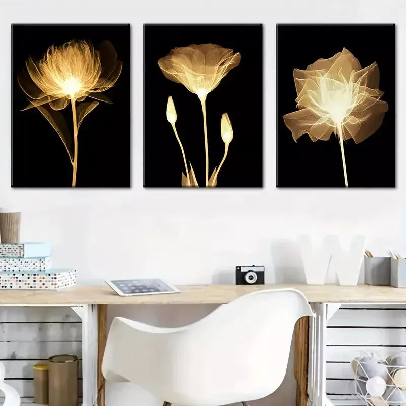 3pcs Warm Golden Flowers, Natural Plants Black Wall Art Set Canvas Framed 40x60cm - High Quality Print 100% Australian Made Wall Canvas Ready to Hang