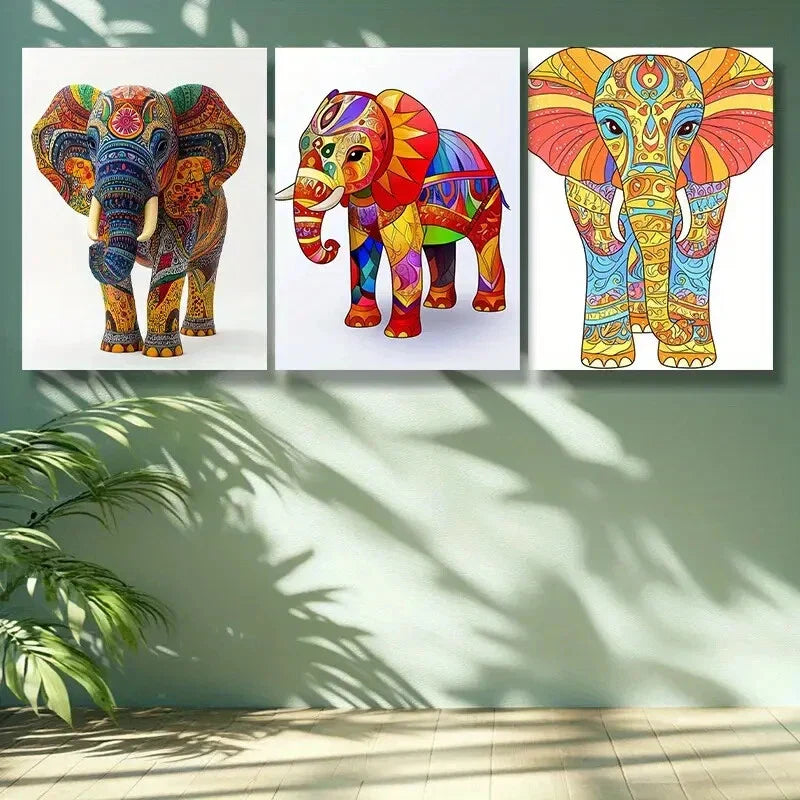 3pcs Vibrant Stylized Elephant Wall Art Set Canvas Framed 40x60cm -High Quality Print 100% Australian Made Wall Canvas Ready to Hang