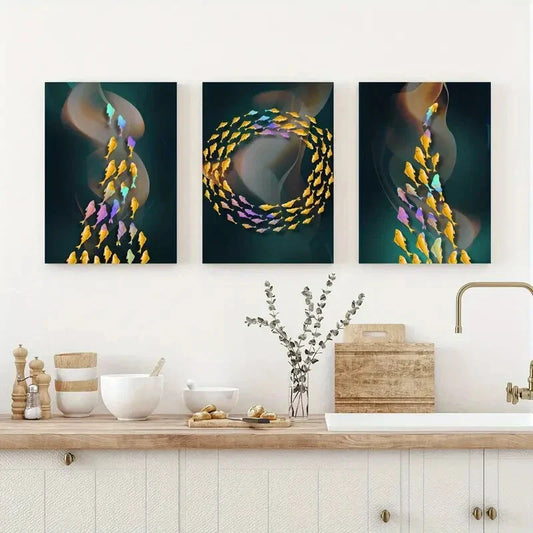 3pcs Neo-Chinese Style, Abstract Sea View Metal Print Ready to Hang Art