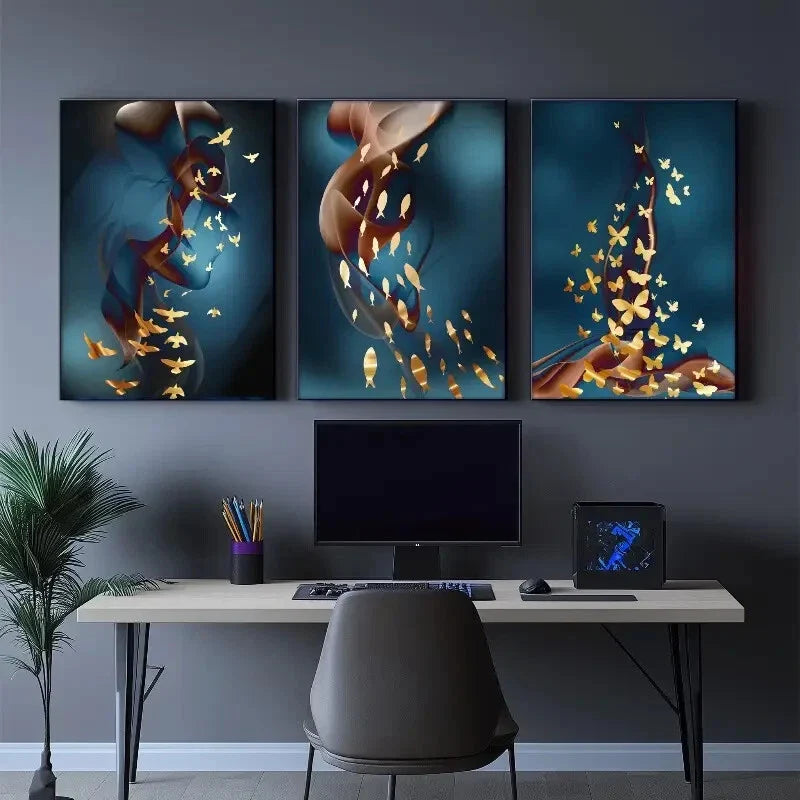 3pcs Birds and butterflies on a blue background Metal Print Ready to Hang Art
