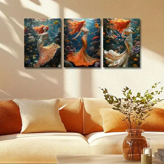 3pcs The Little Mermaid with Colorful Fishes Metal Print Ready to Hang Art