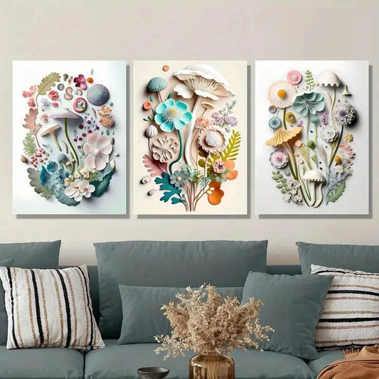 3pcs flower and mushroom decorative painting liquid Metal Print Ready to Hang Art