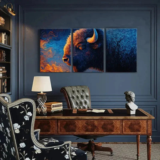 3pcs Abstract Bison Art Vibrant Colors Metal Print Ready to Hang Art