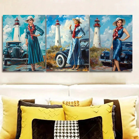 3pcs The girl by the old car Wall Art Set Canvas Framed 40x60cm - High Quality Print 100% Australian Made Wall Canvas Ready to Hang
