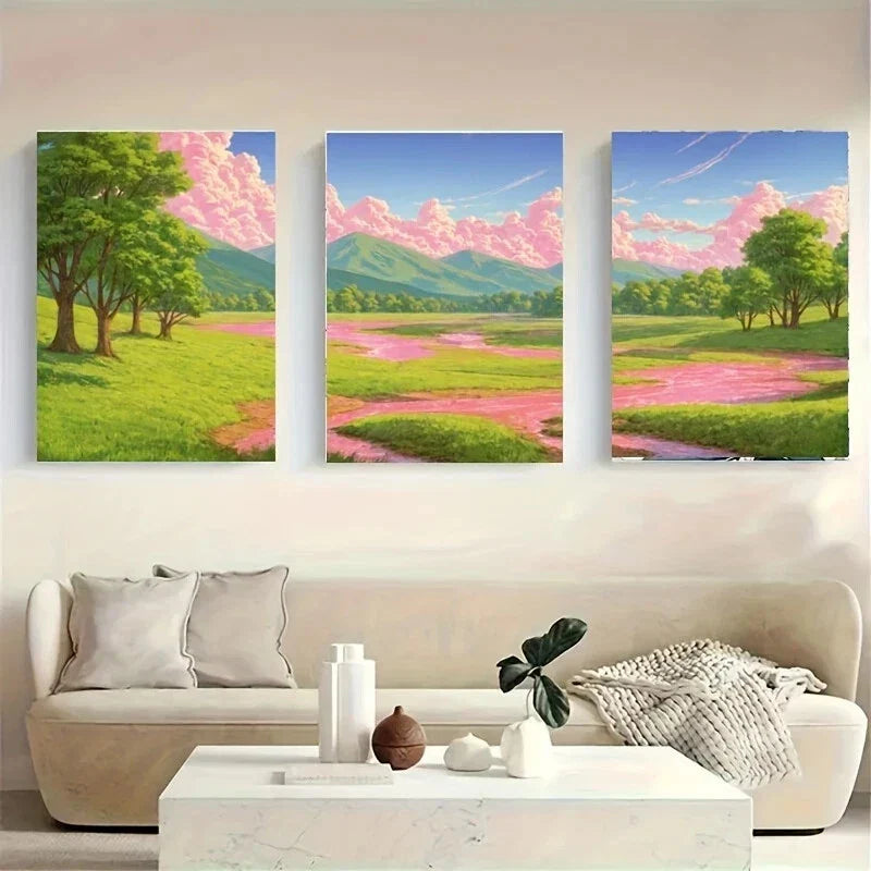 3pcs A Vibrant Landscape with a River Modern Metal Print Ready to Hang Art