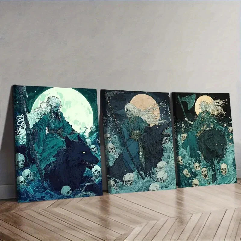 3pcs Gothic Fantasy Art with Moonlit Wolves Wall Art Set Canvas Framed 40x60cm - High Quality Print 100% Australian Made Wall Canvas Ready to Hang