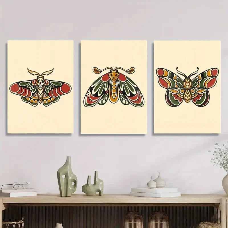 3pcs Vibrant Death'S Head Moth Skull Illustrations Metal Print Ready to Hang Art