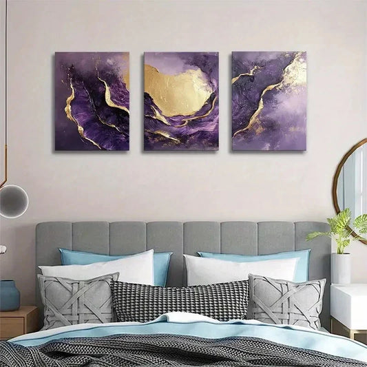 3pcs Purple and Golden Abstract Fluid Art Metal Print Ready to Hang Art