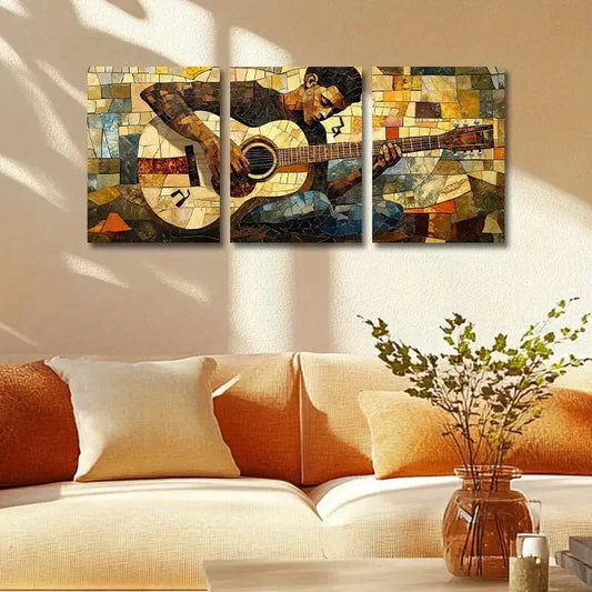 3pcs Vibrant Modern Mosaic Guitar Design Metal Print Ready to Hang Art