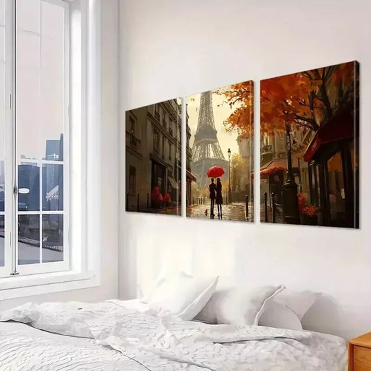3pcs Modern Couple Walking Near Eiffel Tower Wall Art Set Canvas Framed 40x60cm - High Quality Print 100% Australian Made Wall Canvas Ready to Hang